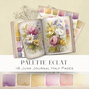 Palette Éclat – 16 demi-pages de journal floral indésirable | Échantillons de peinture, pages fleuries + arrière-plans assortis | Kit botanique vintage imprimable