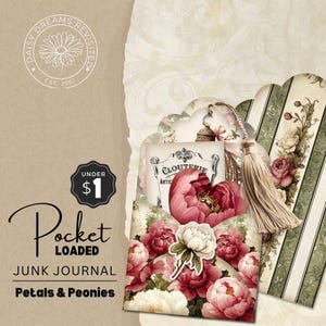 Petals & Peonies Junk Journal geladen Tasche - Druckbare florale Ephemera - Digital Download, DDJJ007AC