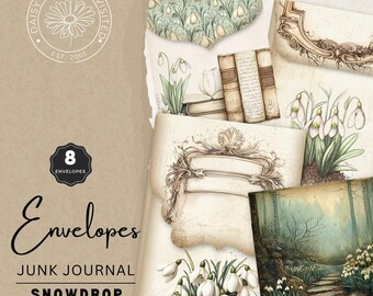 Vintage Snowdrop Symphony Junk Journal Envelopes, Printable Pages, Digital Download, DDJJ0022H