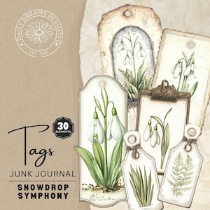 Vintage Snowdrop Symphony Junk Journal Tags, Printable Pages, Digital Download, DDJJ0022F
