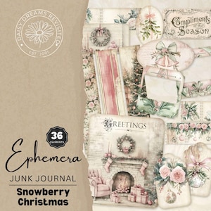 Snowberry Christmas 36 Pack Junk Journal Ephemera Kit, Vintage Pink Christmas, Digital Download, DDRJJ004I