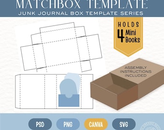 Matchbox Template for Junk Journals | Printable Mini Box | Ephemera Organizer Kit | Mini Books Box | Digital Download | SVG Canva PNG PSD