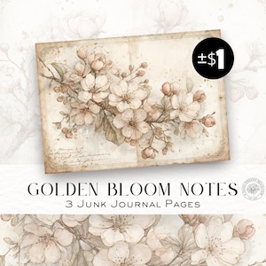 Notas de flor dourada e blush – Páginas de diário vintage com flores, download digital para impressão Cottagecore, álbum de recortes DDJJ037C