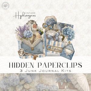 Blue and Cream Hydrangeas Hidden Paperclip Kit - Junk Journal Ephemera, Printable Tags, Pockets & Envelopes - Digital Download DDJJ035S
