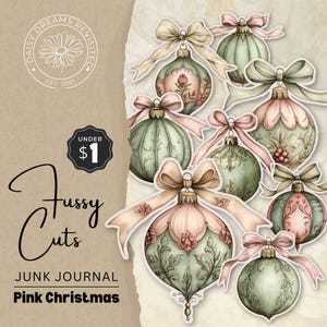 Vintage Pink Christmas Junk Journal Fussy Cuts, shabby-chique stijl, digitale download, DDJJ007E