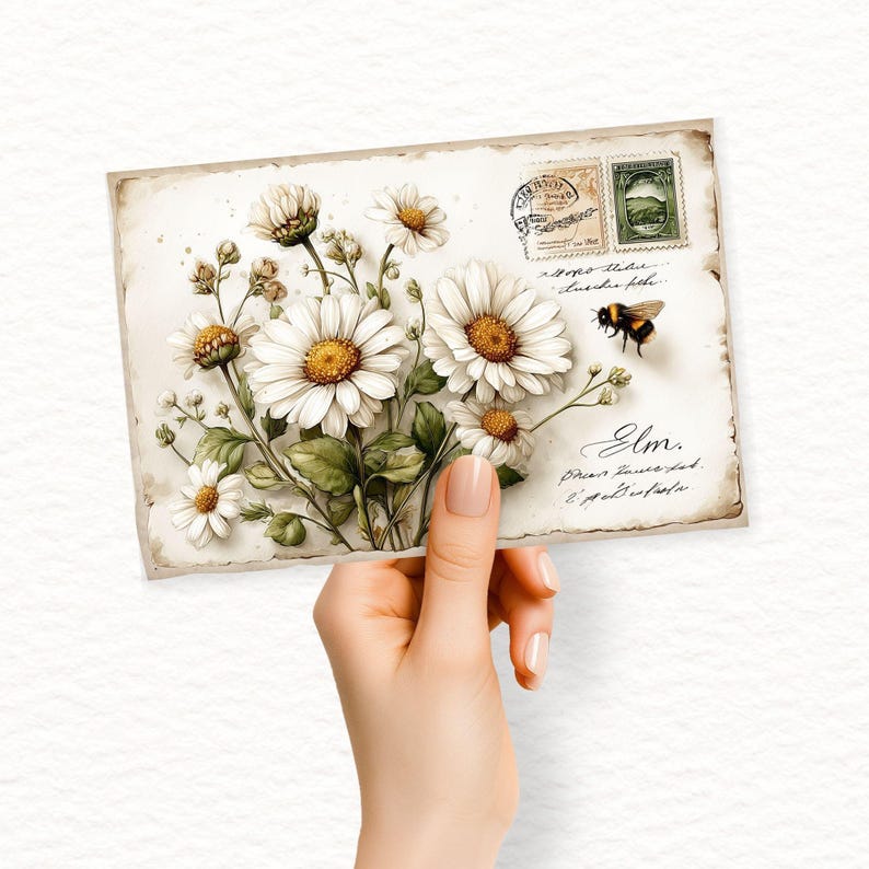 Bumblebees and Daisies Junk Journal Cards, Vintage Ephemera, Scrapbooking Kit, Digital Download, Honey Bee Crafts image 4