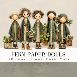 Muñecas de papel de helecho, recortes imprimibles vintage, pegatinas para diarios basura, adornos para álbumes de recortes, manualidades estilo cottagecore