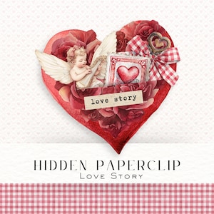 Love Story Hidden Paperclip | Vintage Valentine Junk Journal Ephemera | Heart Pocket Clip | Printable Digital Download
