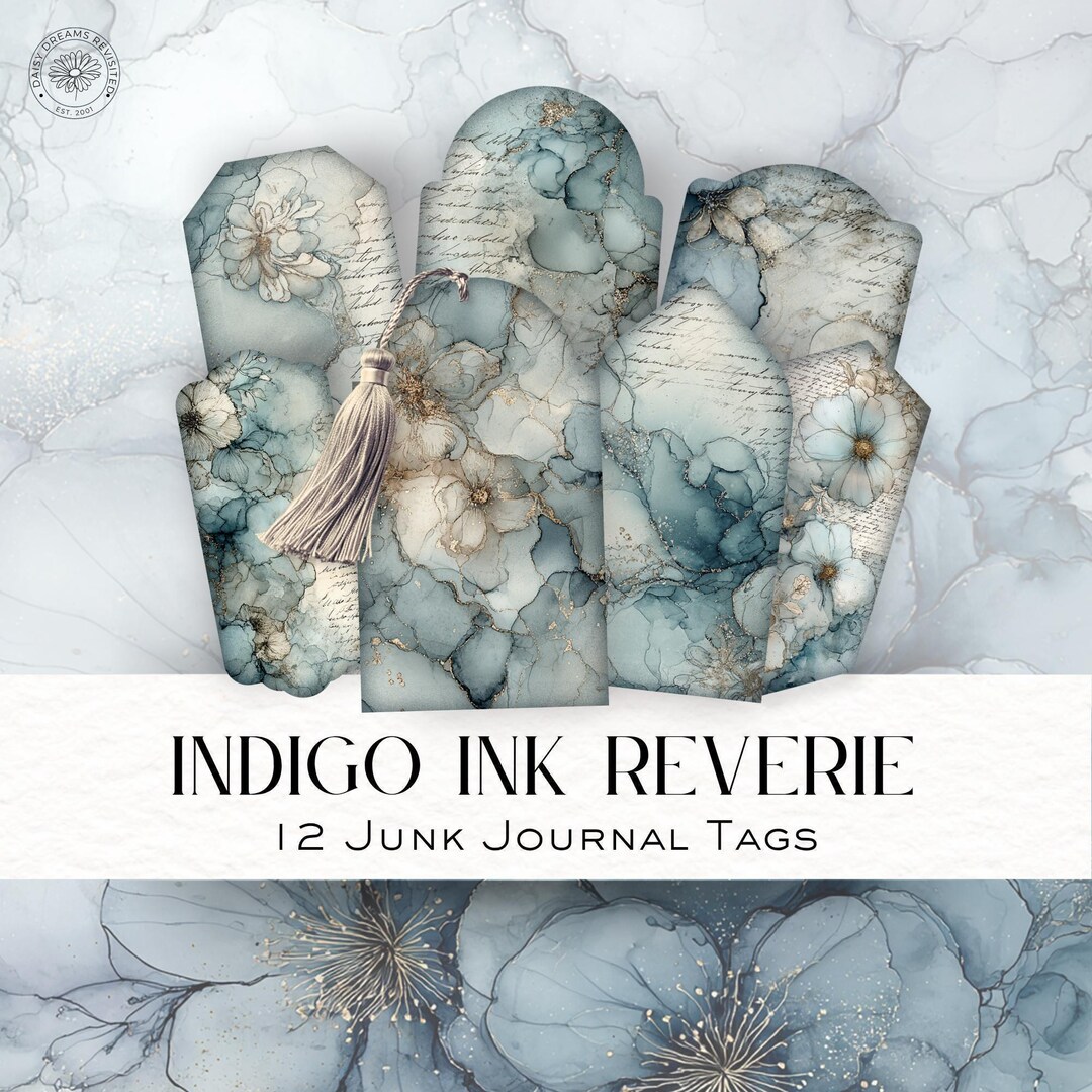 Blue Alcohol Ink Junk Journal Tags: Vintage Floral Ephemera (digital ...