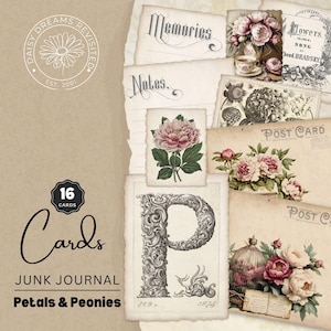 Bloemblaadjes en pioenrozen Junk Journal-kaarten en ansichtkaarten - Afdrukbare bloemen en ephemera - Geïnspireerd door de natuur - Digitale download, DDJJ010F