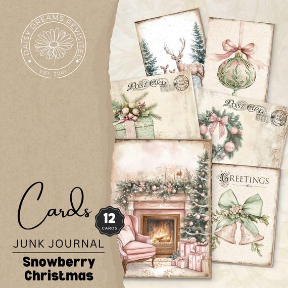 Snowberry Christmas 12 pack Junk Journal cards, vintage post cards, Pink Vintage Christmas, Digital Download, DDRJJ004F