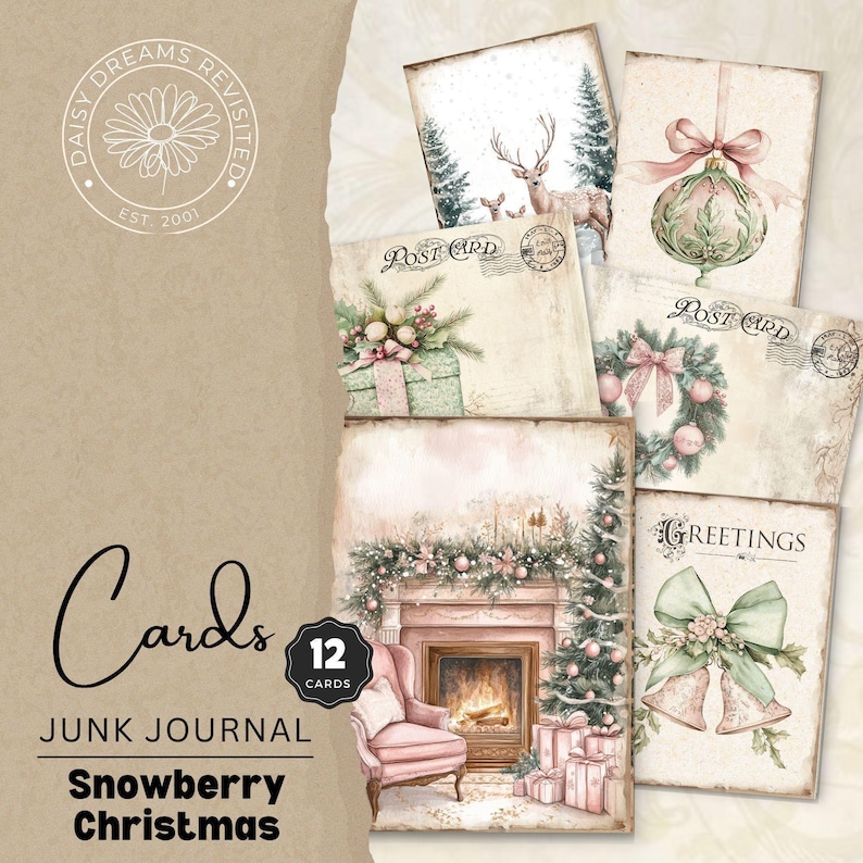 Snowberry Weihnachten 12er Pack Junk Journal Karten, Vintage Postkarten, Rosa Vintage Weihnachten, digitaler Download, DDRJJ004F Bild 1