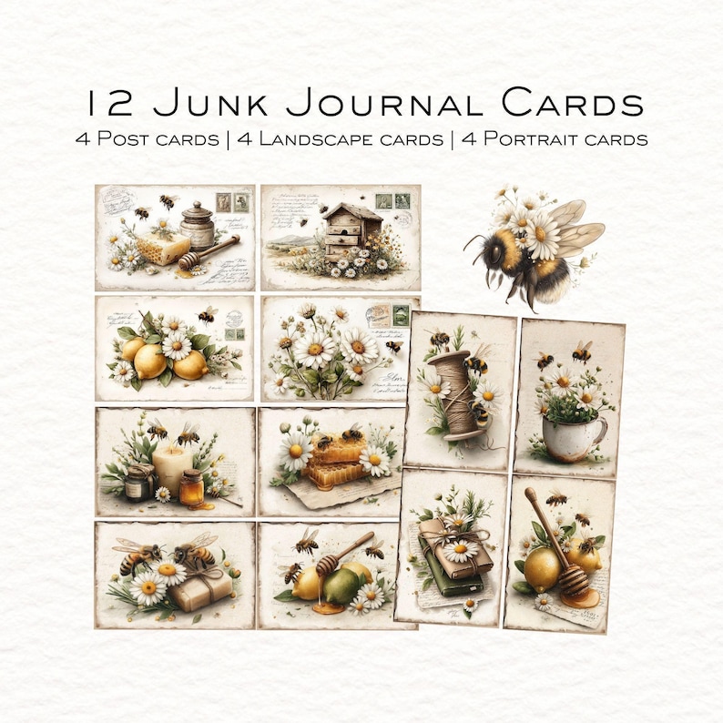 Bumblebees and Daisies Junk Journal Cards, Vintage Ephemera, Scrapbooking Kit, Digital Download, Honey Bee Crafts image 2