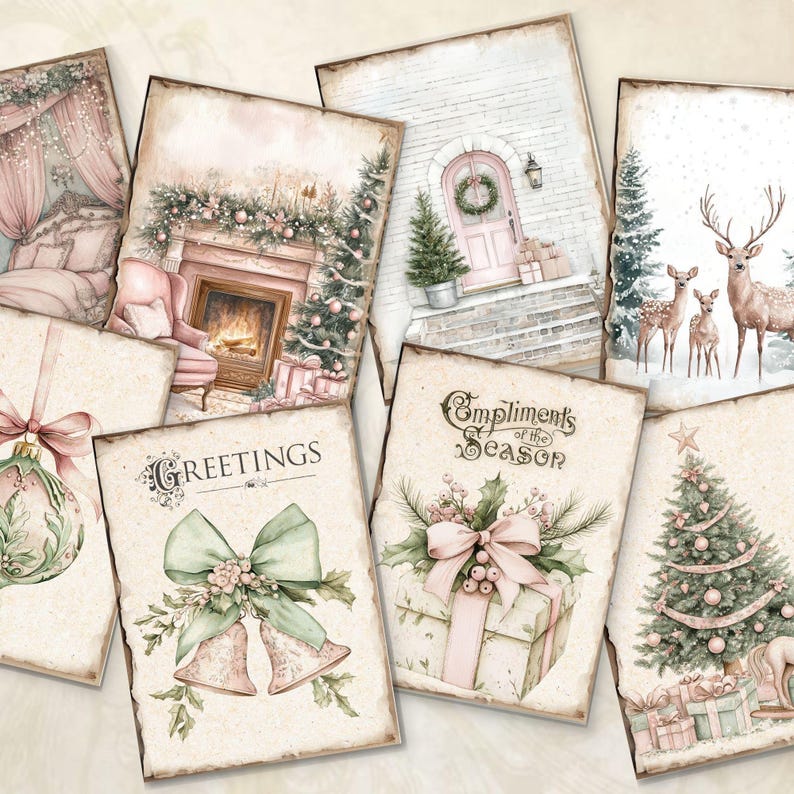 Snowberry Weihnachten 12er Pack Junk Journal Karten, Vintage Postkarten, Rosa Vintage Weihnachten, digitaler Download, DDRJJ004F Bild 4