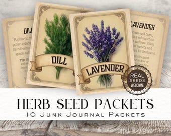 Paquetes de semillas de hierbas para diarios basura: Paquetes de semillas vintage, efímeras botánicas, etiquetas imprimibles, kit para diario basura de jardín DDJJ035R