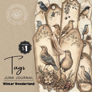 Winter Vögel Junk Journal Tags und Ephemera, Digital Download, DDJJ007D