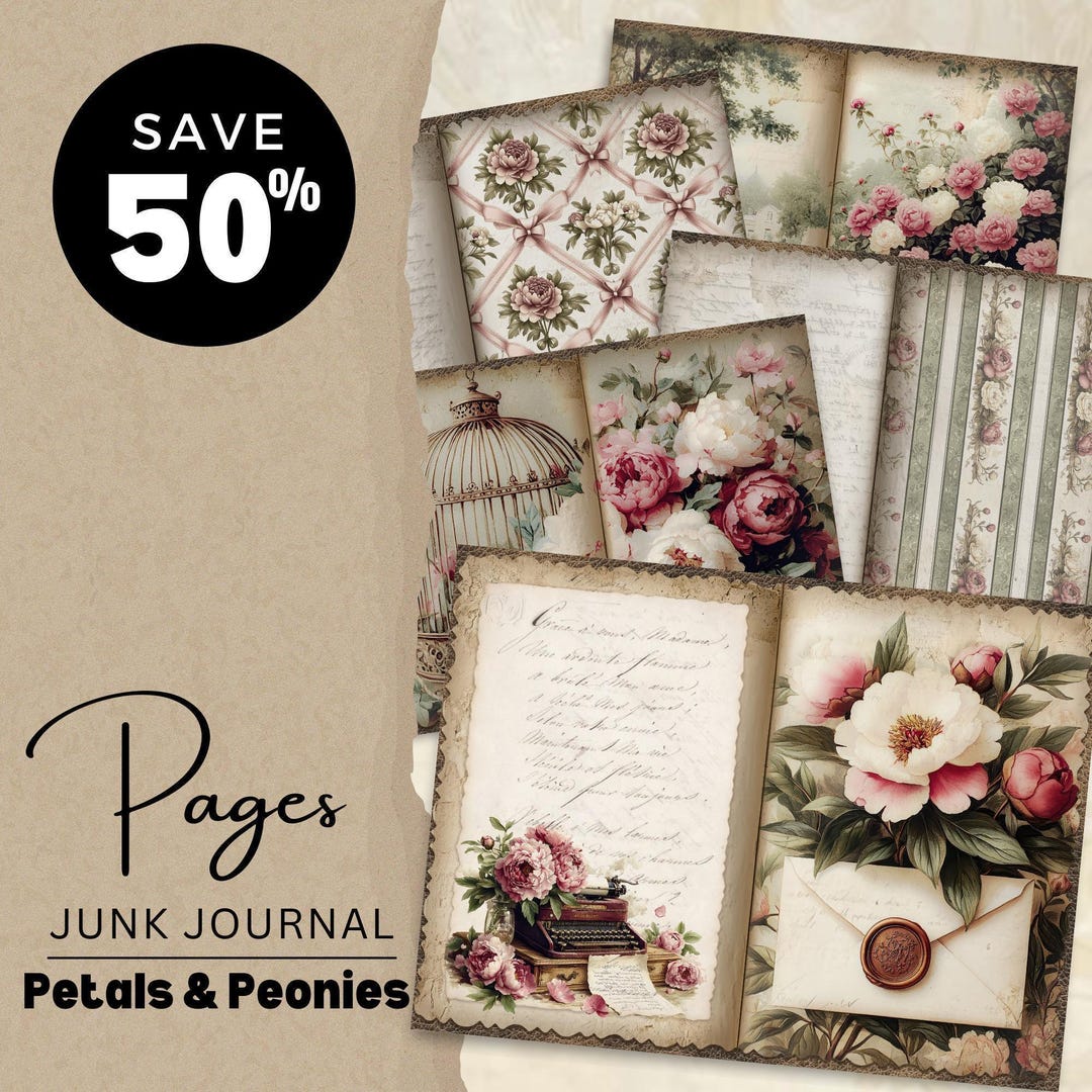 Petals & Peonies Junk Journal Pages Bundle - Printable Floral Ephemera ...