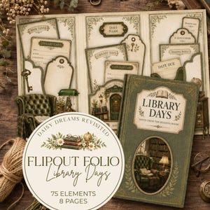 Könnte beinhalten: Ein Library Days Ausklapp-Folio mit 75 Elementen und 8 Seiten, präsentiert mit einem grünen buchförmigen Einband, Bibliothekskarten im Vintage-Stil, Anhängern und Etiketten mit Illustrationen von Sesseln, Lampen und Bücherregalen.
