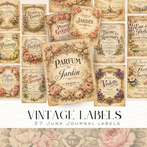 May include: A collection of vintage-style labels with floral designs and text. The labels feature various botanical themes, including roses, lavender, and thyme, with the words "Parfum" and "Paris" prominently displayed. The text "Vintage Labels" and "27 Junk Journal Labels" are also visible.