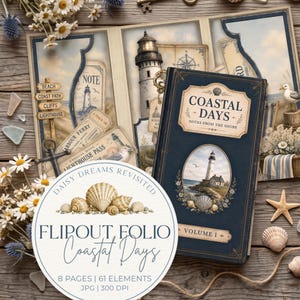 May include: A dark blue journal titled Coastal Days Notes From The Shore with a lighthouse illustration, accompanied by a matching flipout folio featuring nautical imagery, beach signs, ferry tickets, and decorative seashells and daisies.