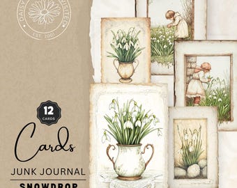 Vintage Snowdrop Symphony Junk Journal Cards, Printable Pages, Digital Download, DDJJ0022E