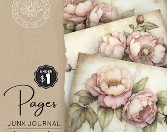 Peony Junk Journal Folio's, afdrukbare foliopagina's, roze, digitale download, DDJJ007N