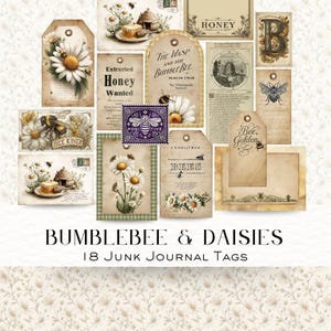Bumblebee and Daisy Junk Journal Tags, Vintage Ephemera, Digital Download Scrapbooking Kit, Honey Bee Crafts