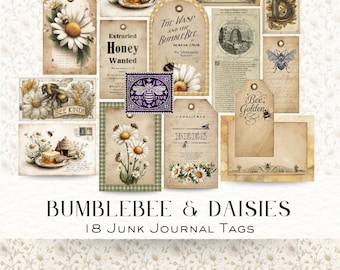 Bumblebee and Daisy Junk Journal Tags, Vintage Ephemera, Digital Download Scrapbooking Kit, Honey Bee Crafts