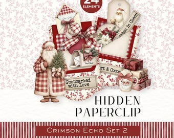 Set Crimson Echo 2 con clips ocultos, set de diario rojo navideño, decoración navideña vintage, accesorios para diario navideño, kit imprimible