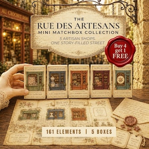 May include: A collection of five miniature matchboxes labeled The Rue Des Artesans, each featuring a detailed illustration of an artisan shop front. The set includes a printed map of the street, 161 elements, and a red wax seal graphic.