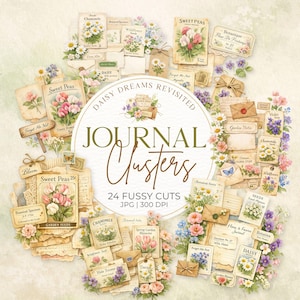 May include: A collection of vintage-style journal clusters featuring floral illustrations of sweet peas, daisies, and other wildflowers. The design includes botanical specimens, seed packets, and handwritten notes. The text reads "Journal Clusters" and "24 Fussy Cuts".