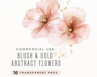 Clipart de flores abstractas en rosa ruborizado y dorado, PNG, invitaciones de boda, descarga instantánea, scrapbooking, DDC008