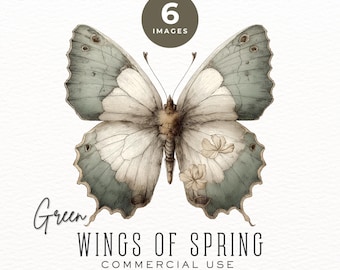 Wings of Spring Moss Green Butterflies, watercolor clipart, Digital Download, DDC021C