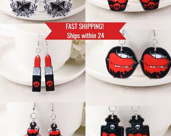Gothic Skull Jewelry Black Dangle Vampire Design Metal Hook Alternative Accessory for Goth Baker Gift for Halloween Horror Fan Dark Jewelry