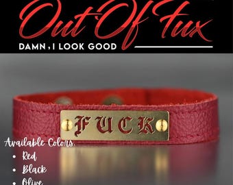 Handmade Leather Cuff for Her Black Leather Red Bracelet Genuine Leather Brass Stamped F*ck for Women Dainty Demure Rebellious Free Shipping