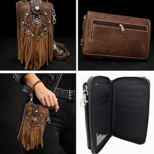 Brown Leather Western Fringe Phone Wallet Crossbody, Cowgirl Statement Accessory image 6