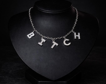 Silver Swear Word Necklace, Stainless Steel Pavé CZ Statement Chain