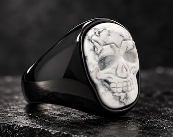 Howlite Skull Ring, Black Stainless Steel Skull Ring, Genuine Howlite Statement Ring, Sizes 9–13