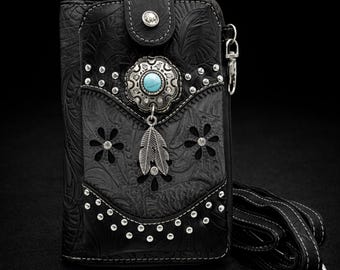 Black and Gray Western Phone Crossbody, Tooled Leather Cowgirl Phone Bag