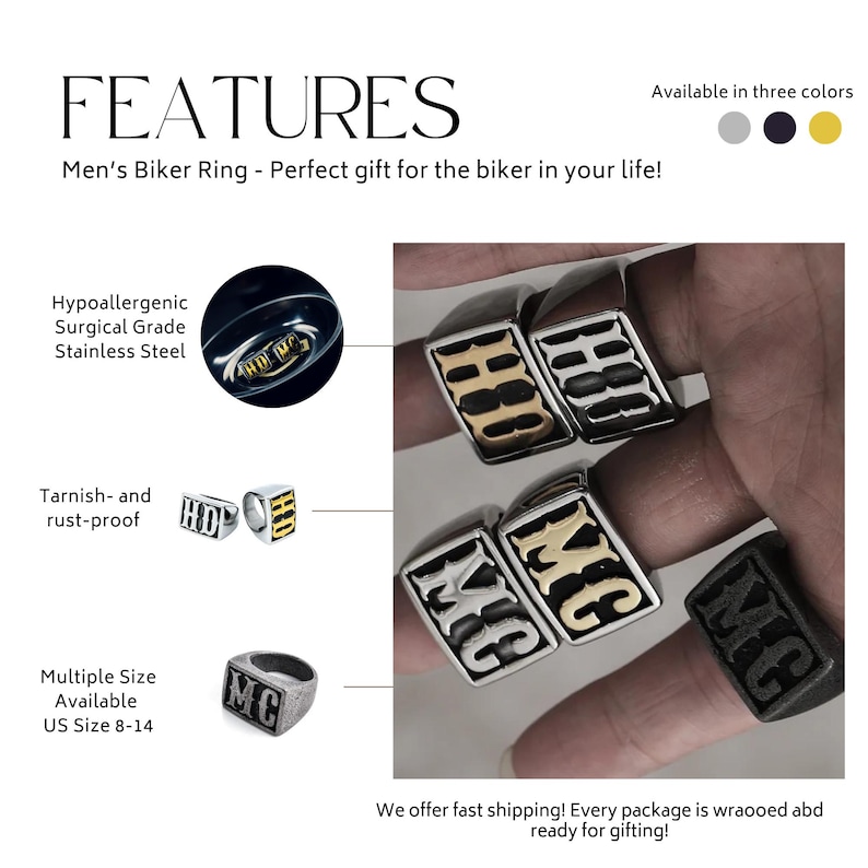 HD or MC Stainless Steel Biker Ring in Gold or Silver Finish - Etsy