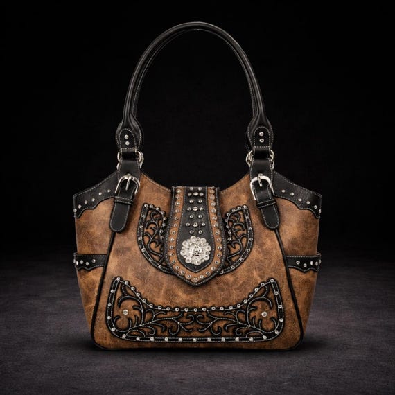 Brown & Black Western Handbag: Handmade Everyday Cowgirl Purse with Buckle and Dual Straps