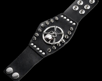 Biker Skull Leather Cuff Bracelet for Men, Faux Leather Wristband with Stainless Steel Studs