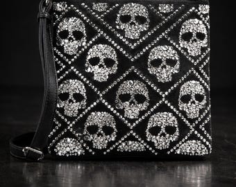 Rhinestone Skull Crossbody Bag, Faux Leather Sling Purse with Bling Detail