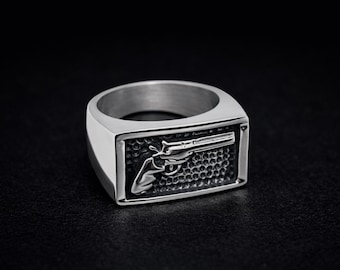 Men’s Biker Revolver Ring: Stainless Steel Gold or Silver Gun Design