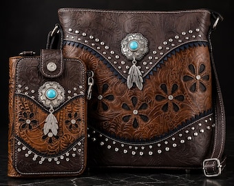 Matching Western Purse & Wallet Set: Tooled Faux Leather Crossbody with Turquoise Concho