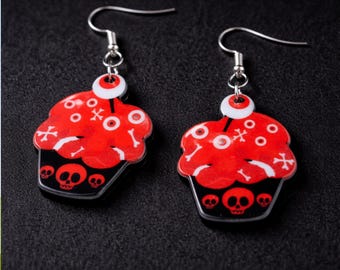 Creepy Cupcake Earrings, Double Sided Design Goth Skull Dangles