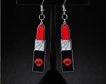 Goth Lipstick Earrings, Double Sided Skull Design with Hypoallergenic Stainless Steel Hooks