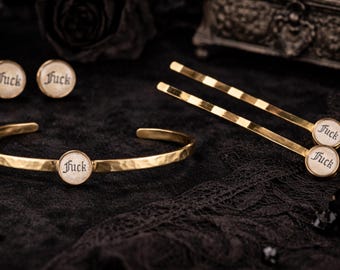Edgy Brass Jewelry Set, Swear Word Cuff Bracelet, Stud Earrings, Bobby Pins