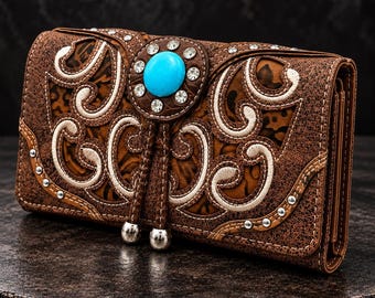 Western Turquoise Crossbody Wallet, Trifold Phone Wallet Purse, Brown Faux Leather Wristlet, Cowgirl Shoulder Bag