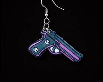 Green Purple Skull Pistol Earrings, Goth Punk Acrylic Dangle Earrings